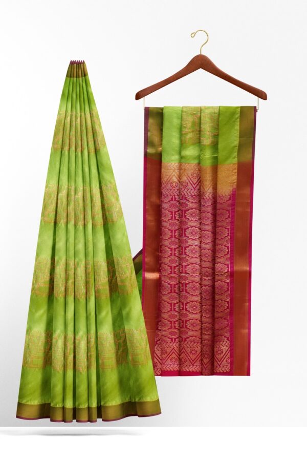 sri kumaran stores soft silk saree fern green saree with magenta pink pallu 2