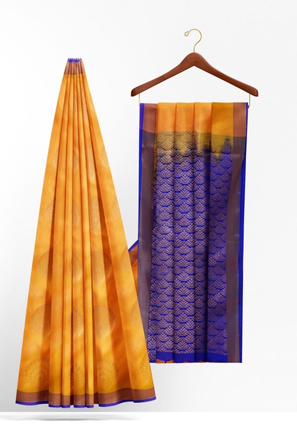 sri kumaran stores soft silk saree golden yellow saree with blue border and pallu 2