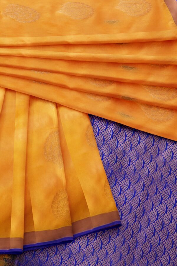sri kumaran stores soft silk saree golden yellow saree with blue border and pallu 4