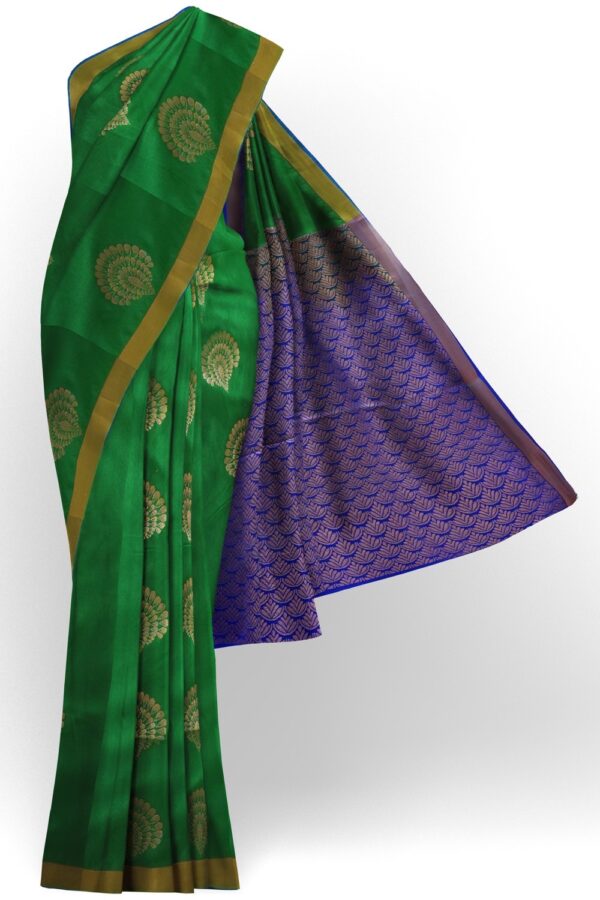 sri kumaran stores soft silk saree jade green saree with ultramarine blue pallu and zari border 1
