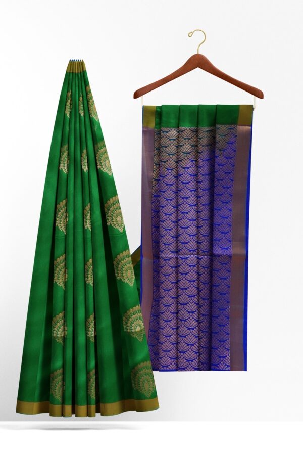 sri kumaran stores soft silk saree jade green saree with ultramarine blue pallu and zari border 2