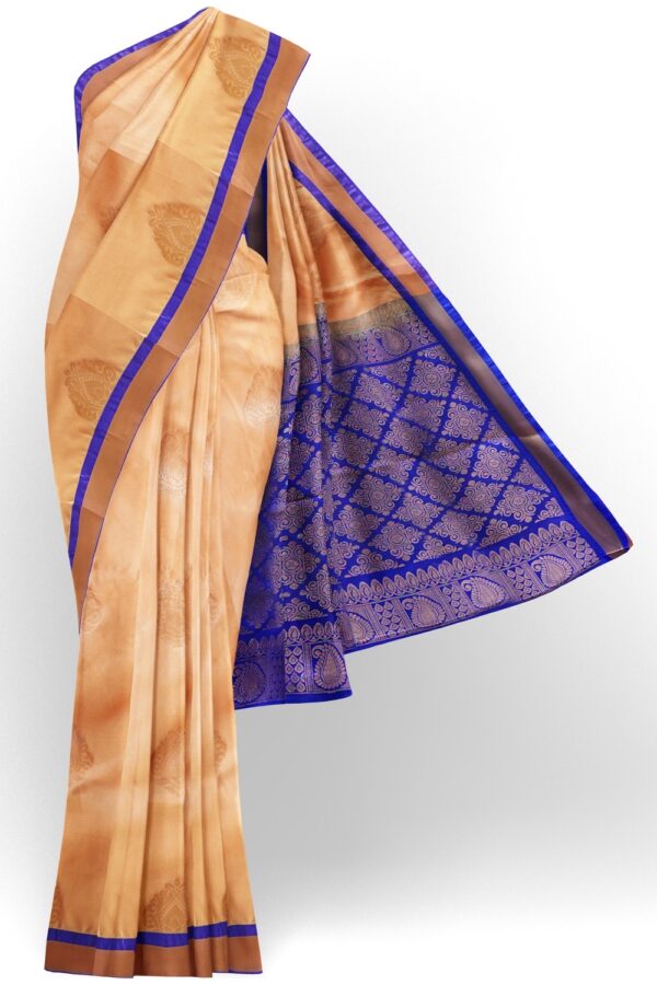 sri kumaran stores soft silk saree light apricot saree with ultramarine blue zari border and pallu 1