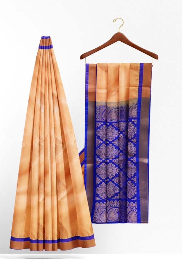 sri kumaran stores soft silk saree light apricot saree with ultramarine blue zari border and pallu 2