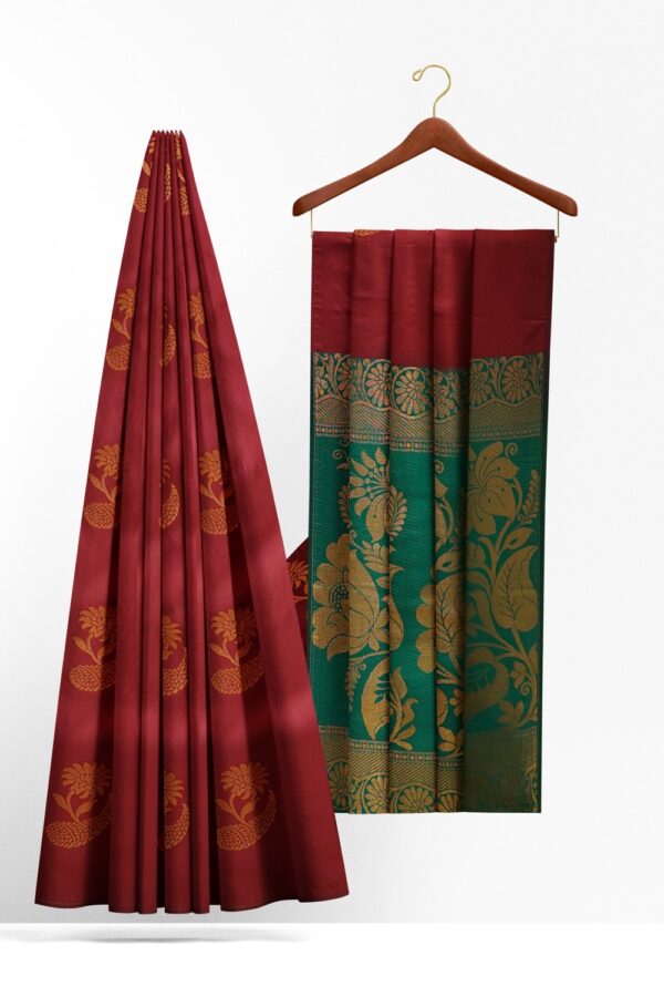 sri kumaran stores soft silk saree mulberry color saree with cerulean blue pallu 2