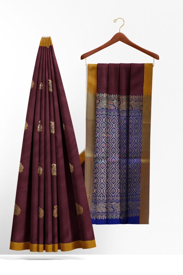 sri kumaran stores soft silk saree mulberry color saree with ultramarine blue pallu 2