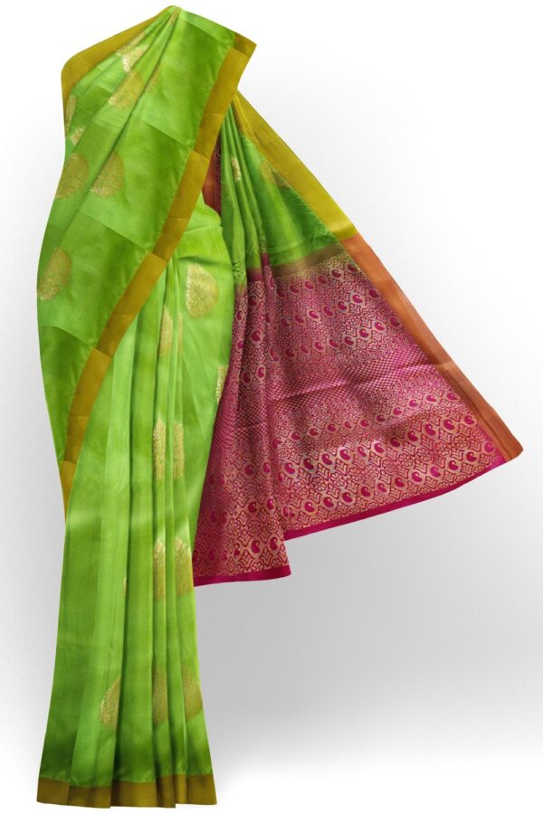 sri kumaran stores soft silk saree parrot green saree with magenta pink pallu 1