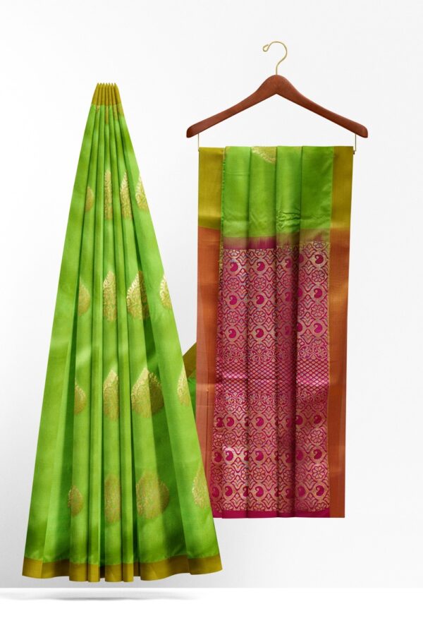 sri kumaran stores soft silk saree parrot green saree with magenta pink pallu 2