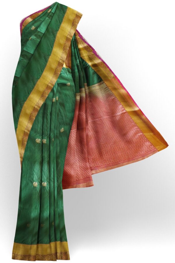 sri kumaran stores soft silk saree pine green saree with purple border and pink pallu 1