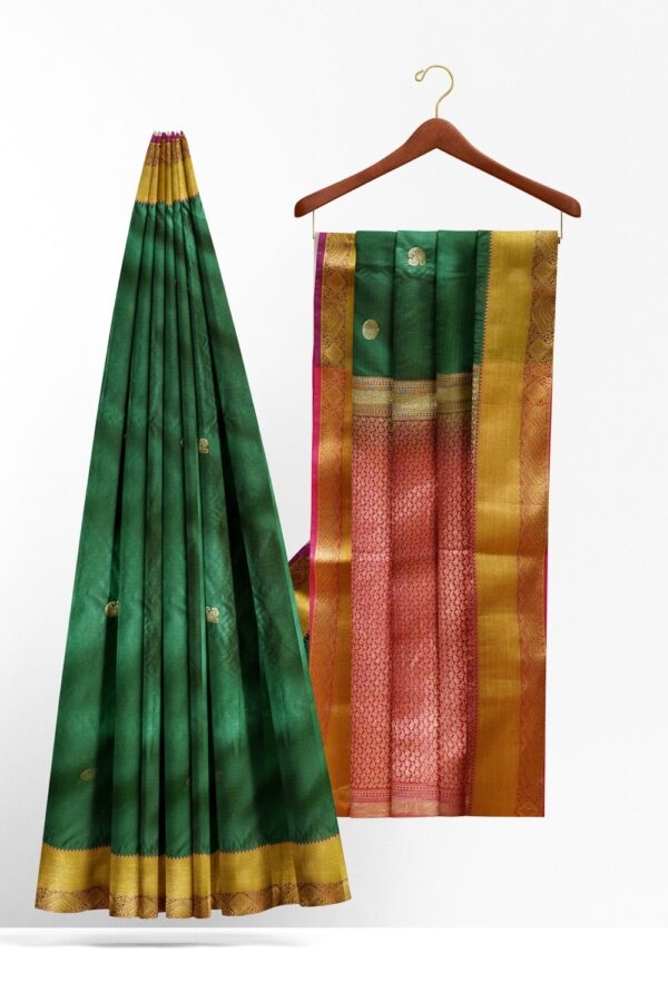 sri kumaran stores soft silk saree pine green saree with purple border and pink pallu 2