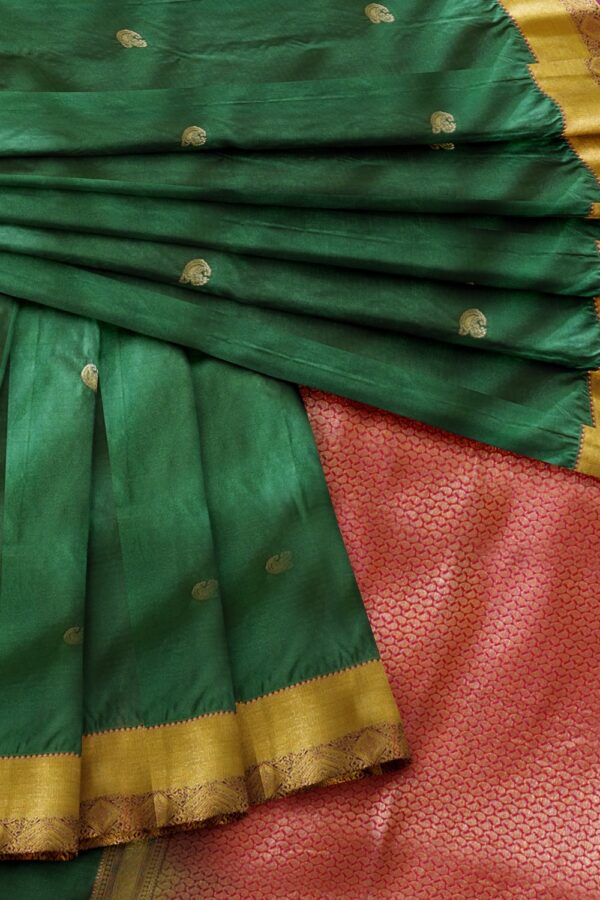 sri kumaran stores soft silk saree pine green saree with purple border and pink pallu 4