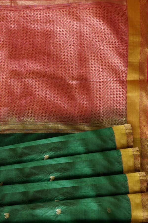 sri kumaran stores soft silk saree pine green saree with purple border and pink pallu 5