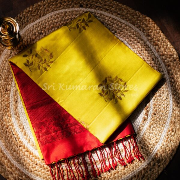 sri kumaran stores kanchipuram sarees bright yellow saree with red pallu 1