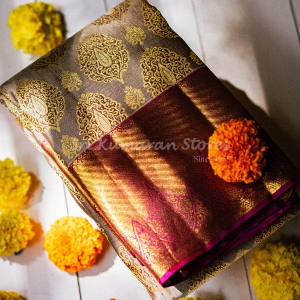 sri kumaran stores kanchipuram sarees light brown saree with golden border 1