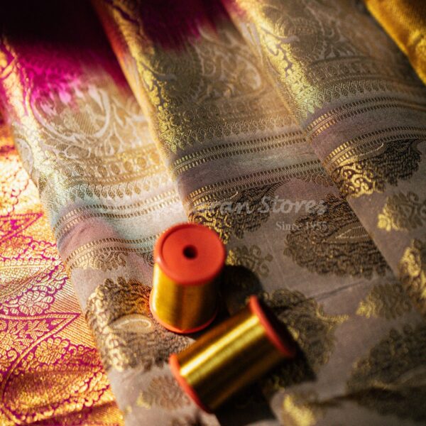 sri kumaran stores kanchipuram sarees light brown saree with golden border 3