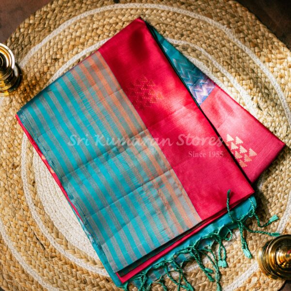 sri kumaran stores kanchipuram sarees pink saree with turquoise blue pallu 1