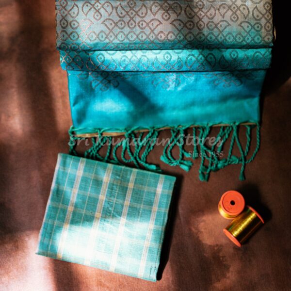 sri kumaran stores kanchipuram sarees sandal colour saree with toruoise blue pallu 2