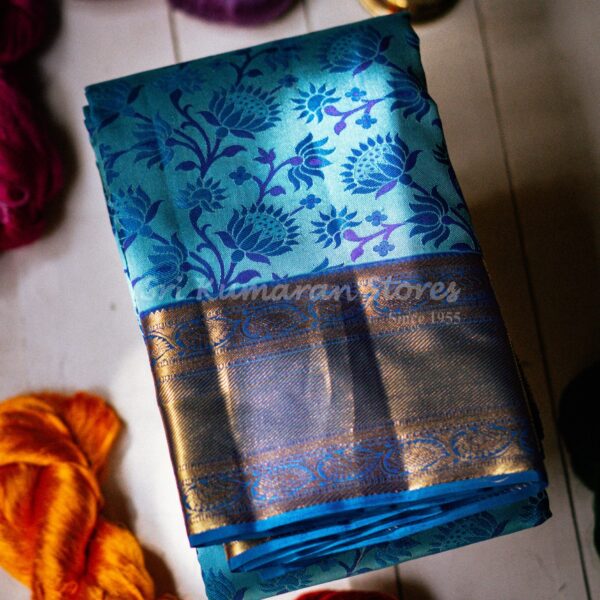sri kumaran stores kanchipuram sarees sky blue floral saree with golden border 1