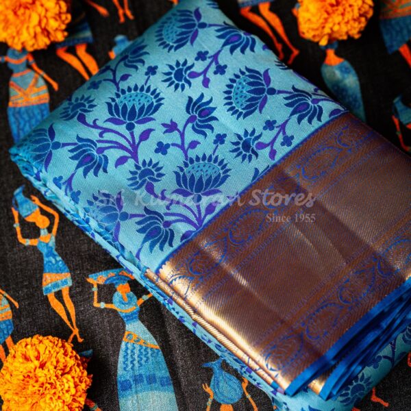 sri kumaran stores kanchipuram sarees sky blue floral saree with golden border 2