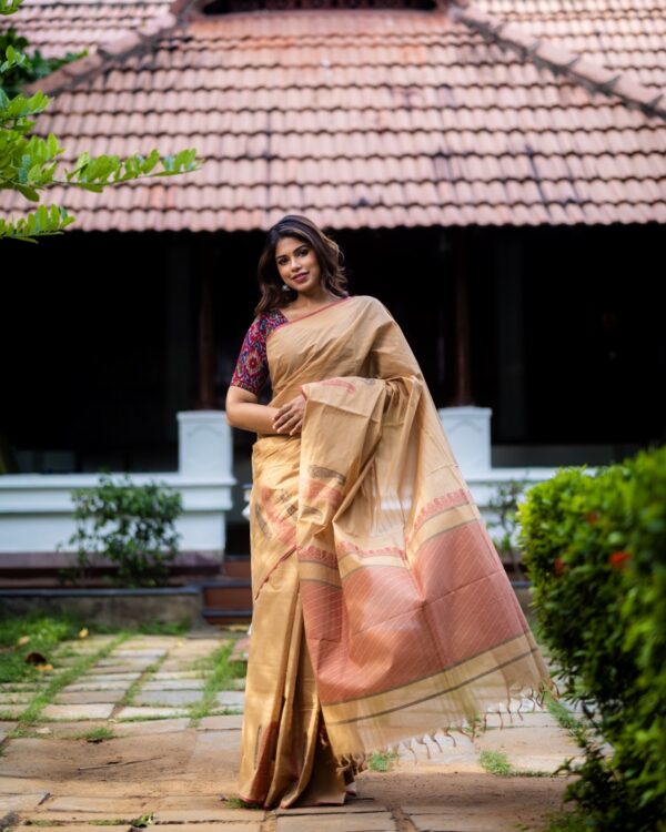Sri kumaran stores instagram collection golden brown saree with red border 2