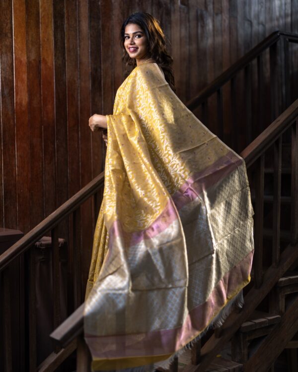Sri kumaran stores instagram collection golden colour saree with silver border 1