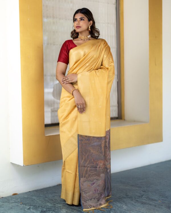 Sri kumaran stores instagram collection golden yellow saree with golden colour border 1