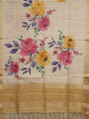 Golden Beige Floral Bloom Semi Tussar Silk Saree