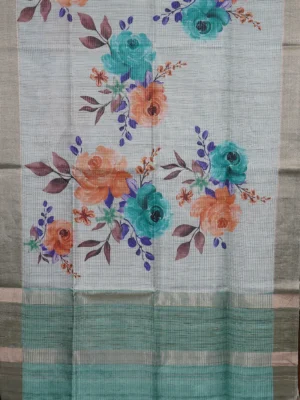 Mint Green Pastel Floral Semi Tussar Silk Saree