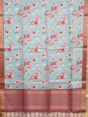 Aqua Blue Rose Floral Semi Tussar Saree