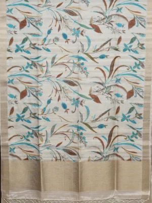 Cream Blue Botanical Print Semi Tussar Saree