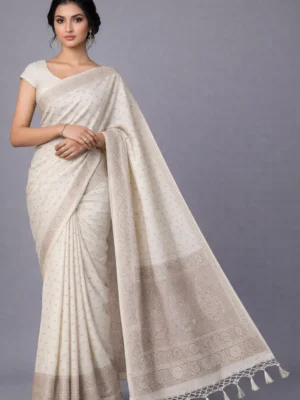 Classic Beige Butta Saree with Vintage Floral Pallu