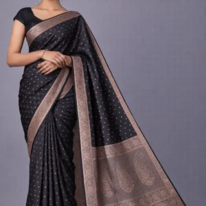 Midnight Black Zari Butta Saree with Bold Floral Pallu