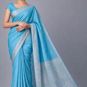 Sky Blue Floral Butta Semi Raw Silk Saree