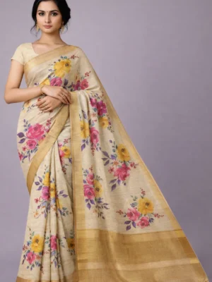 Golden Beige Floral Bloom Semi Tussar Silk Saree