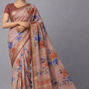 Dusty Peach Vintage Floral Semi Tussar Silk Saree