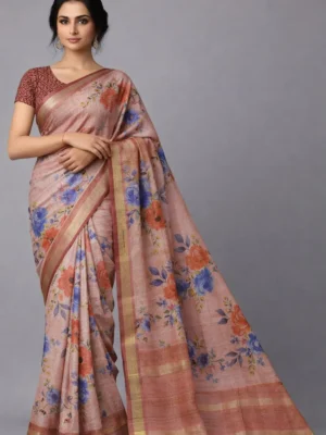 Dusty Peach Vintage Floral Semi Tussar Silk Saree