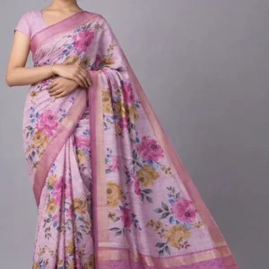 Blush Pink Garden Floral Semi Tussar Silk Saree