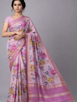 Blush Pink Garden Floral Semi Tussar Silk Saree