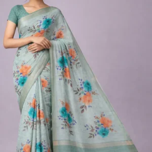 Mint Green Pastel Floral Semi Tussar Silk Saree