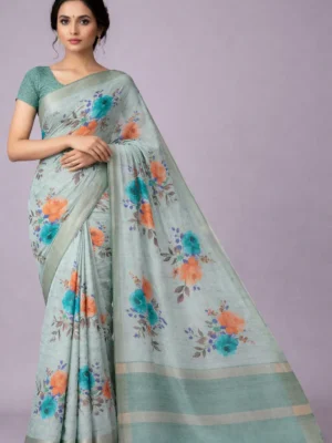 Mint Green Pastel Floral Semi Tussar Silk Saree