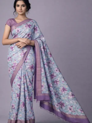 Powder Blue Lavender Floral Semi Tussar Saree