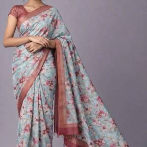 Aqua Blue Rose Floral Semi Tussar Saree