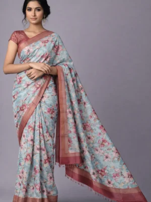 Aqua Blue Rose Floral Semi Tussar Saree