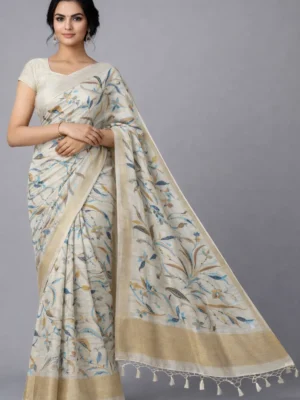 Ivory Multicolor Floral Semi Tussar Saree
