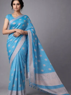 Sky Blue Floral Butta Semi Raw Silk Saree