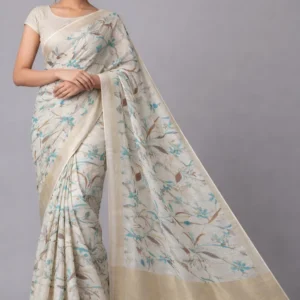 Cream Blue Botanical Print Semi Tussar Saree