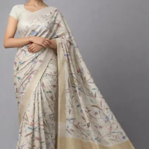 Beige Pastel Botanical Semi Tussar Saree