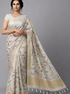 Beige Pastel Botanical Semi Tussar Saree
