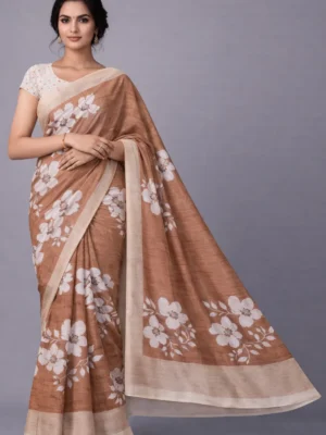 Mustard Cream Floral Semi Tussar Saree