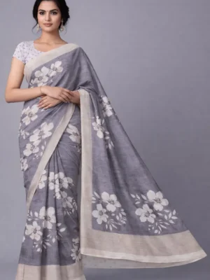 Ash Grey Cream Floral Semi Tussar Saree
