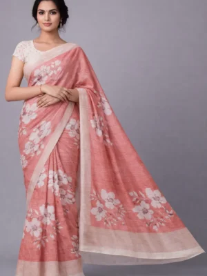 Brick Red Cream Floral Semi Tussar Saree